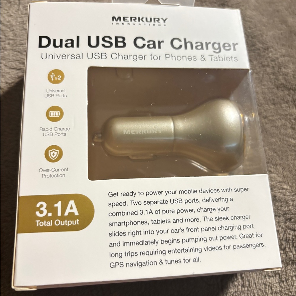 Merkury Innovations Gold Dual USB Car Charger for phones & Tablets . New